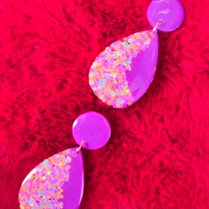 Purple, Orange & Gold Glitter Teardrop Drop Earrings for Sensitive Ears