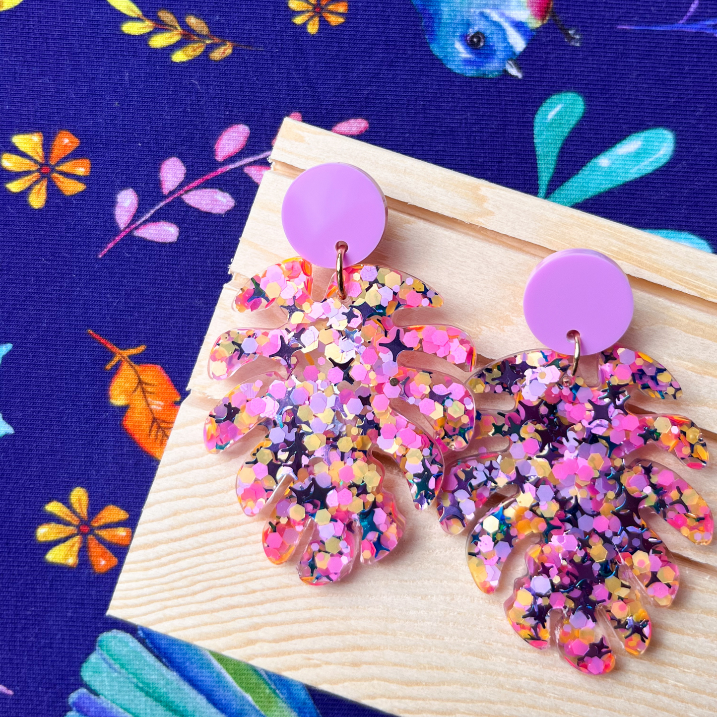 Pink, Silver & Orange Glitter Monstera Drop Earrings for Sensitive Ears