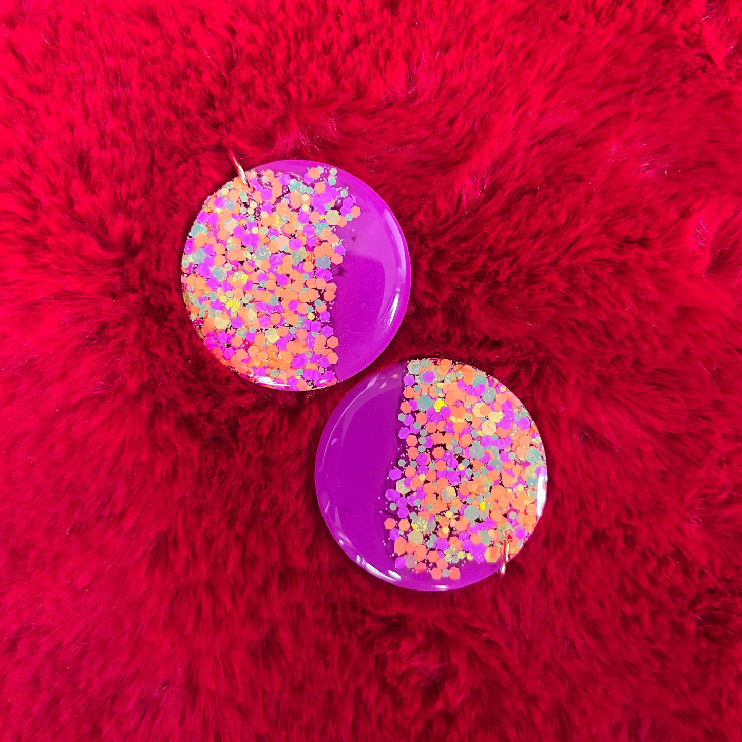 Purple, Orange & Gold Glitter Circle Dangle Earrings for Sensitive Ears