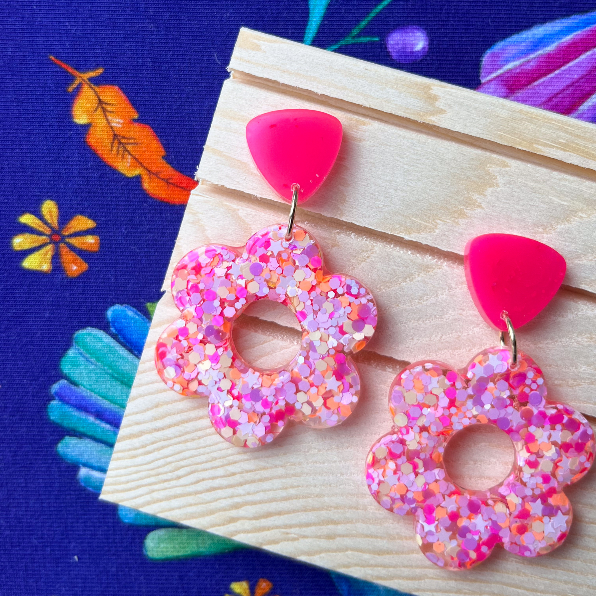 Pink, Yellow, Purple Glitter Flower Drop Earrings for Sensitive Ears