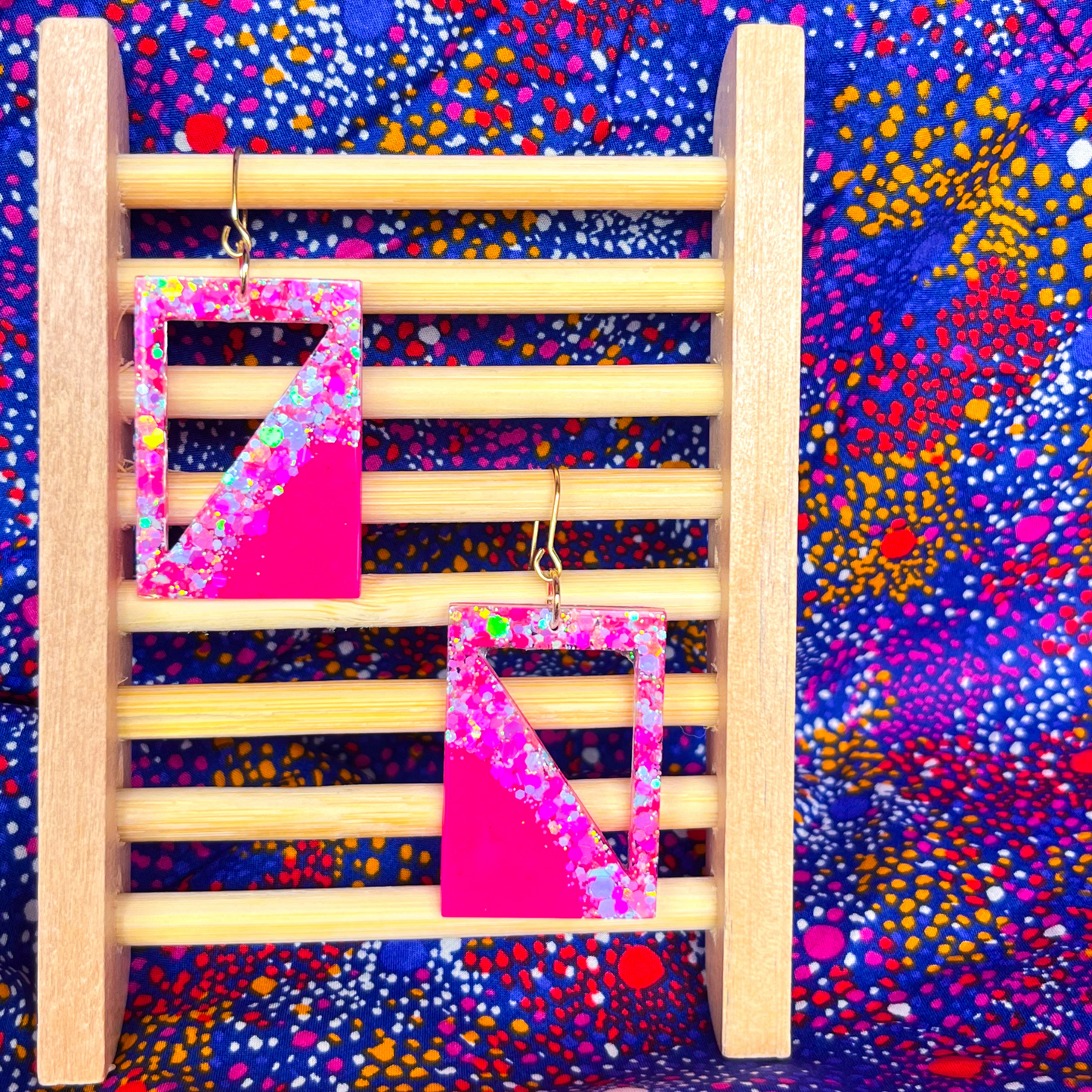 Pink & Blue Glitter Rectangle Dangle Earrings for Sensitive Ears