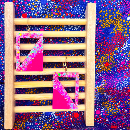 Pink & Blue Glitter Rectangle Dangle Earrings for Sensitive Ears