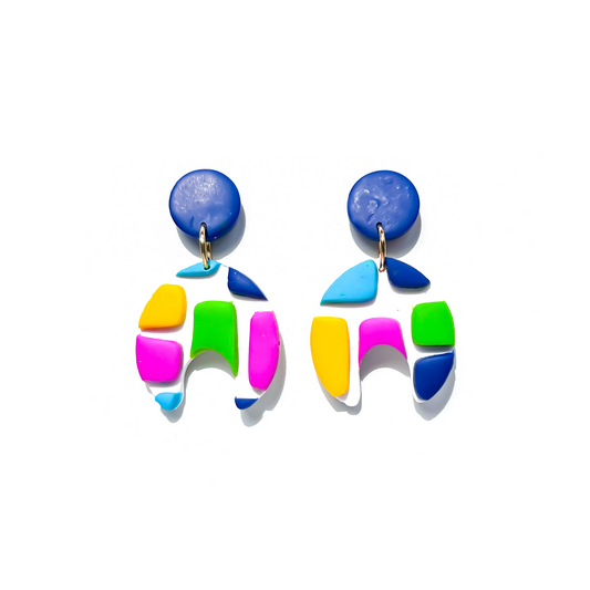 Bright Pink, Blue, Yellow & White Clay Arch Drop Earrings for Sensitive Ears