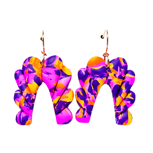 Bright Pink, Orange & Purple Clay Scalloped Arch Dangle Earrings for Sensitive Ears