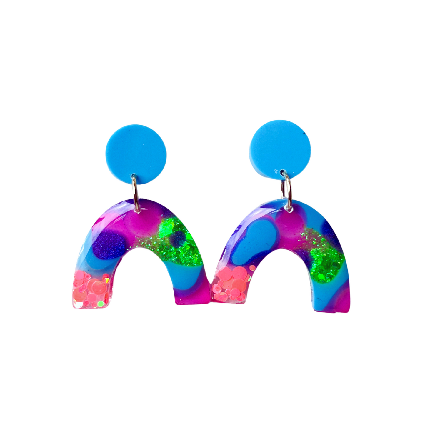 Green, Pink, Blue, Orange & Purple Glitter Rainbow Drop Earrings for Sensitive Ears