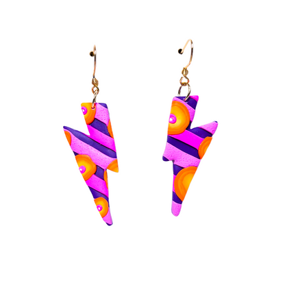 Bright Pink, Orange & Purple Clay Lightening Dangle Earrings for Sensitive Ears