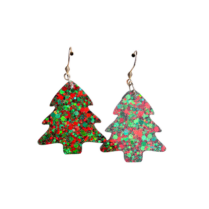 Red & Green Glitter Christmas Tree Earrings for Sensitive Ears
